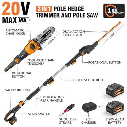 Alloyman 2-in-1 Telescopic Cordless Pole Hedge Trimmer 16'' &Pole Saw 8.6'' - color: BLACK