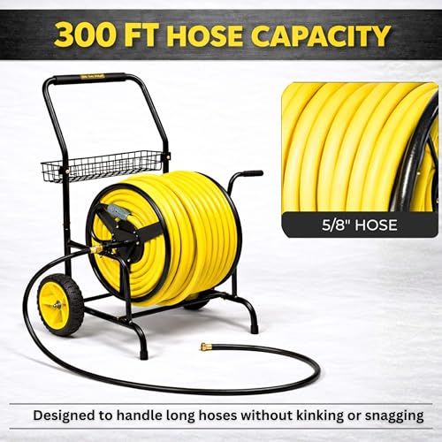 Hose Reel Cart, Hold Up to 300 ft of 5/8'', Garden Hose Cart with 2 Wheels, Heavy Duty Freestanding Water Hose Reels for Outside Garden Lawn Yard Outdoor (300ft Hose Capacity) - size: 300ft Hose Capacity