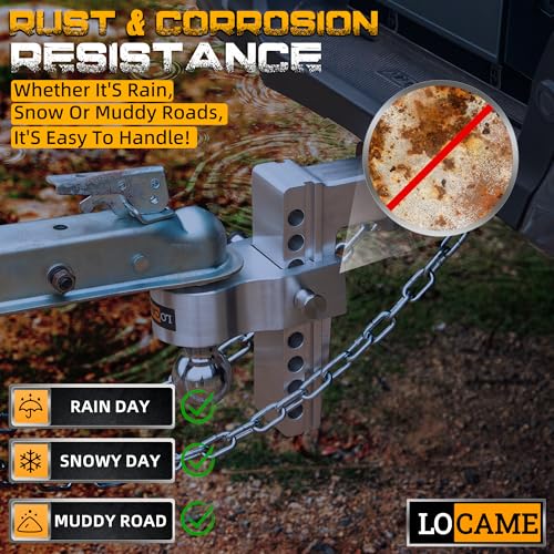 LOCAME Adjustable Trailer Hitch, Fits 2-Inch Receiver, 8-Inch Drop/Rise Aluminum Drop Hitch, 12,500 LBS GTW-Tow Hitch for Heavy Duty Truck with Double Stainless Steel Locks, Silver, LC0004 - color: Silver, size: 2" 8drop