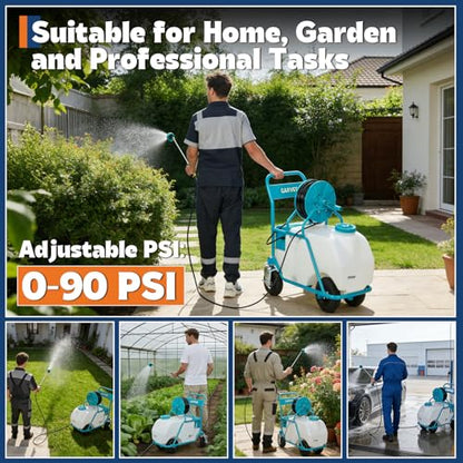 Garvee 24 Gallons Battery Powered Sprayer with Wheeled Cart, 12V 12Ah Electric Sprayer with 6 Nozzles & 2 Wands, 5-6 Hour Runtime, 90PSI Adjustable Pressure, Trigger Lock, Yard Sprayers for Lawn - size: 24 Gal.