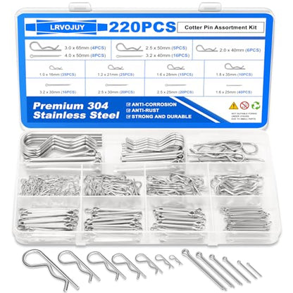 Cotter Pin Assortment Kit, 220PCS Cotter Pins 13 Sizes Premium 304 Stainless Steel Heavy Duty R Clips & Hairpin Split Pin Set, Hardware Pins for Automotive, Trailer, Pin Lock System - size: 220Pcs - 13 Sizes