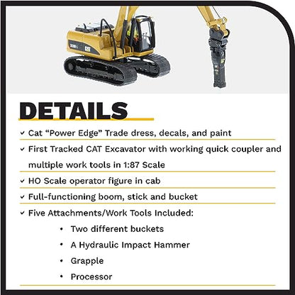 1:87 Caterpillar 320D L Hydraulic Excavator with Multiple Work Tools (Clean Up Bucket, Grapple, Hammer, and Multi Processor) - 85652 - High Line Series by Diecast Masters