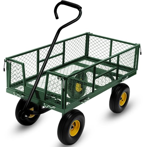 Steel Garden Cart, 2-in-1 Heavy Duty Utility Wagon 900 LBS Capacity Carts with Removable Mesh Sides to Convert into Flatbed, 240° U-Turn 10" Pneumatic Tires Garden Wagon for Lawn Camping Farm Yard - color: Green