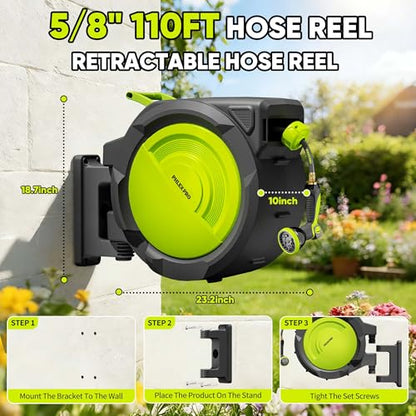 110 FT 5/8" Retractable Garden Hose Reel, Wall Mount - color: Upgrade-green, size: 110FT-5/8"