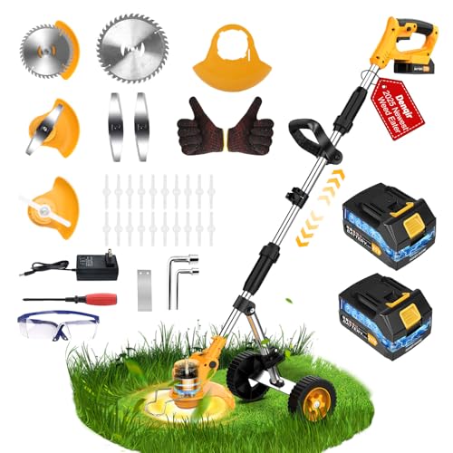 20000 RPM Electric Weed Wacker Cordless Weed Eater Battery Powered 21V, 4-in-1 Brush Cutter/String Trimmer/Grass Trimmer/Lawn Mower, 6″ Edger Stringless Weed Trimmer with Wheel & Blade,2 Battery