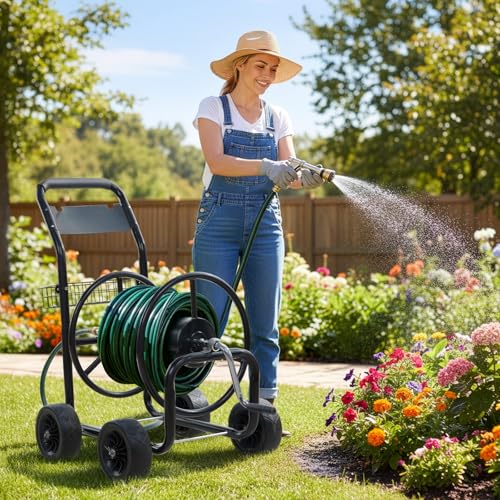 VINGLI 4-Wheel Garden Hose Reel Cart with Storage Basket, Portable Residential Hose Reel Cart, Lawn Watering, for Garden Backyard and Farm - color: Black 300ft -4 Wheel