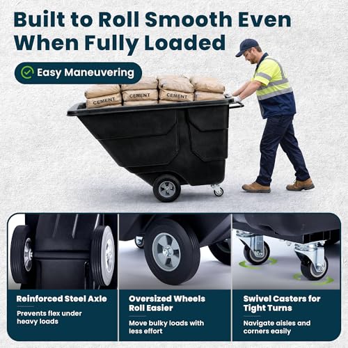 Alpine Trash Cart with Wheels 450 lb Capacity – 1/2 Cubic Yard Utility Tilt Truck, Heavy Duty Rolling Garbage Cart for Warehouse, Laundry & Commercial Use (Black)