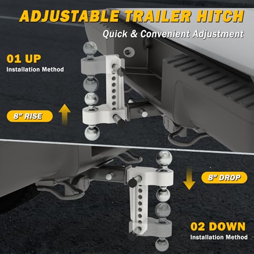Aluminum Adjustable Trailer Hitch for 2-Inch Receiver 8 Inch Drop/Rise Hitch Ball Mount with 2" and 2-5/16" Ball Hitches Heavy Duty 12,500 LBS GTW Towing Hitch - color: Silver-8Inch