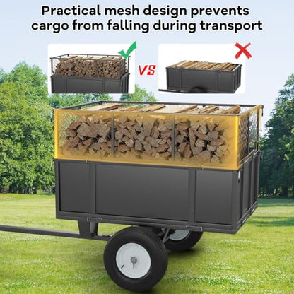 Heavy Duty 750 lbs Steel ATV Utility Dump Trailer, 17 Cu.ft Tow Behind Garden Cart with Quick Dump, Collapsible Mesh Sides, Pneumatic Tires, for Hauling Firewood Yard Work Lawn Mower Tractor