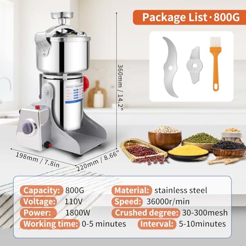 800g Electric Grain Mill 36000r/min High-speed Grain Mill 1800W Superfine Powder Grinder Dry Grinder Machine 270° swingable Dry Material Grinding Machine 304 Stainless Steel herb grinder - size: 800g