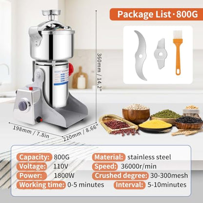 800g Electric Grain Mill 36000r/min High-speed Grain Mill 1800W Superfine Powder Grinder Dry Grinder Machine 270° swingable Dry Material Grinding Machine 304 Stainless Steel herb grinder - size: 800g