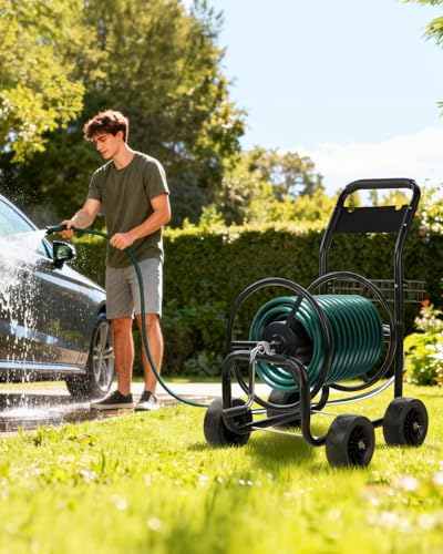 Outvita 300 Ft Garden Hose Reel Cart, Heavy Duty 4 Wheels Water Cart, Green - color: Black, size: 300FT