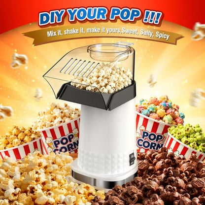 4.5 Quarts No Oil Electric Popcorn Machine with Measuring Cup + Melts Butter, Quick & Easy Hot Air Popcorn Popper Maker with On/Off Switch, Etl Certified, Air Popper for Movie Nights Parties(White)