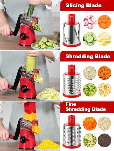 Geedel Upgraded Rotary Cheese Grater, 5 in 1 Cheese Shredder Veggie Slicer - color: Red