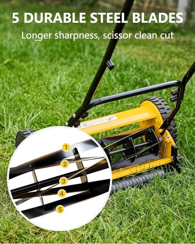 14-Inch Hand Push Reel Lawn Mower, 5-Blade Manual Push Lawnmower