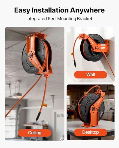 VEVOR Retractable Air Hose Reel, 3/8 Inch x 50 FT Rubber Air Hose Max 300PSI, Auto Rewind Air-Compressor Hoses Reel with 5 ft Lead in, Ceiling/Wall Mount Heavy Duty Steel Double Arm - size: 3/8 in x 50 ft
