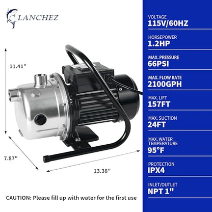 LANCHEZ 1.2 HP Shallow Well Pump, 2100 GPH Stainless Steel Garden Irrigation Pump, 115V Water Transfer Pump, Water Booster Jet Pump for Home Garden Lawn Farm, Black silver - color: Black Silver