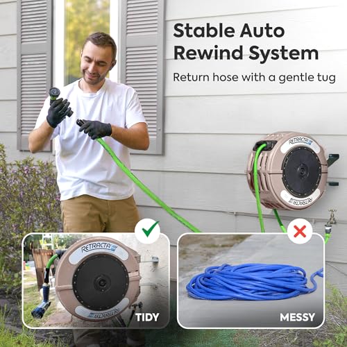 Macnaught Retractable Garden Hose Reel, 82 Ft Water Hose Reel Heavy Duty Retractable Hose with Metal 180° Swivel Rotation Bracket for Wall Mount - Beige - color: Beige, size: 82ft