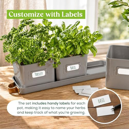 volila Herb Planter Indoor - Set of 3 Grey Indoor Herb Garden Pots for Plants with Leather Handled Tray - Window Sill Plant Shelf - Herb Pots with Drainage Holes and Labels - color: Charcoal Grey