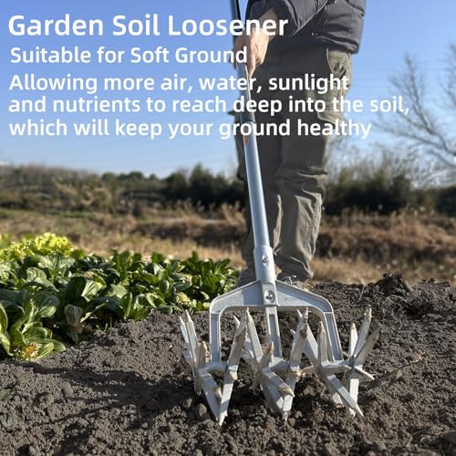 Rotary Cultivator, Hand Tiller Garden Tool with Sturdy Metal Tines