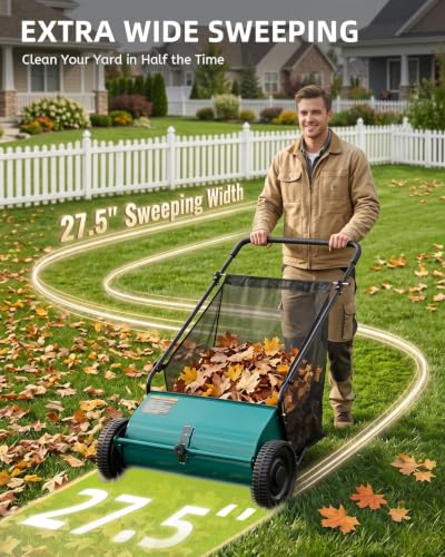 Push Lawn Sweeper, 27.5 in Yard Sweeper with 6 cu ft Bag - color: Green, size: 27.5 in