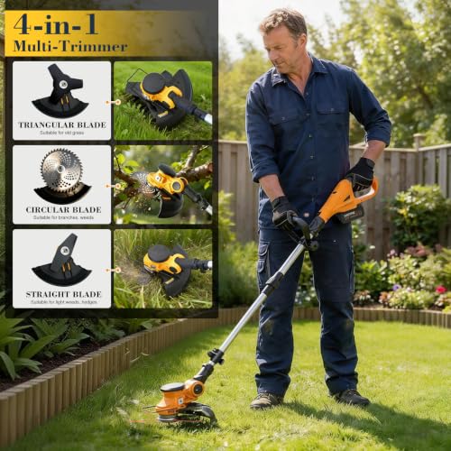 21V Cordless String Trimmer, Brushless Weed Wacker 4-in-1 Lawn Tool - color: Yellow