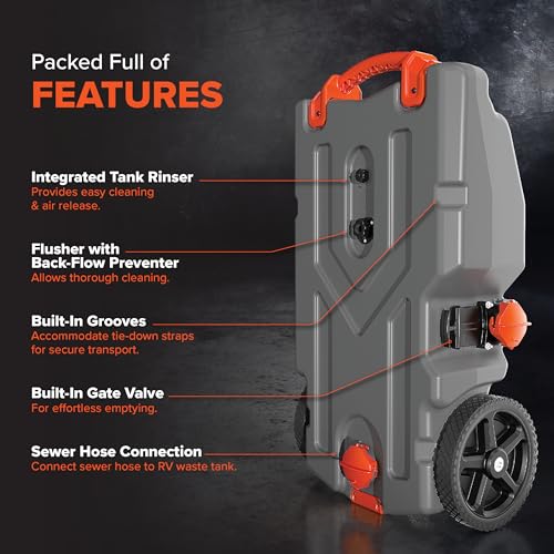 Camco Rhino 28-Gallon Camper/RV Tote Tank - Features Large Heavy-Duty No-Flat Wheels & Built-in Gate Valve - Removable Steel Tow Adapter, 3’ Sewer Hose & More RV Accessories (39004) - size: 28 Gallon, style: Heavy Duty (2 Wheel)