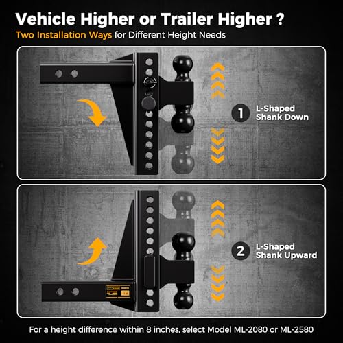 CAMMOO Adjustable Trailer Hitch for 2 inch Receiver 8 inch Rise/Drop Hitch - size: 2"x8"