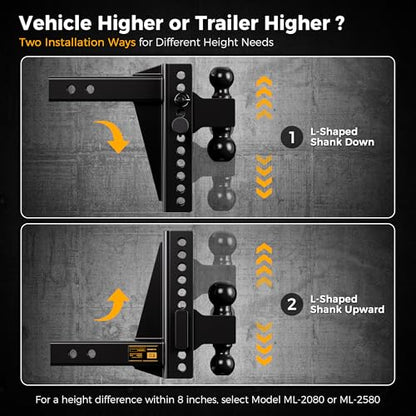 CAMMOO Adjustable Trailer Hitch for 2 inch Receiver 8 inch Rise/Drop Hitch - size: 2"x8"