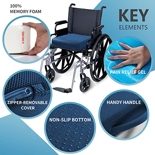 YOUFI Thick Memory Foam & Gel Seat Cushion, 18"X16"X4" Large Chair Cushion for Wheelchair Mobility Scooters, with Non-Slip Bottom and Carry Handle (Blue) - color: Blue