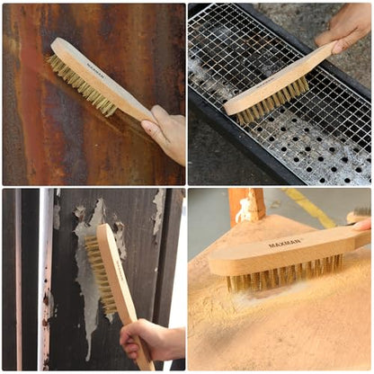 MAXMAN Brass Brush Set, 11" Beechwood Handle, Heavy Duty Rust/Paint Remover - style: Brass Brush