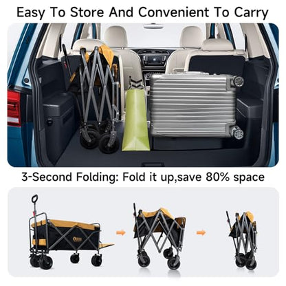 Collapsible Folding Wagon with Tailgate and Brake, Duty Utility Cart - color: Yellow, size: Large with Tailgate