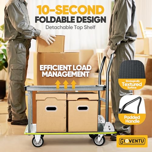 Heavy Duty Push Cart Dolly (700 lbs), 2 Tier Foldable Platform Hand Truck