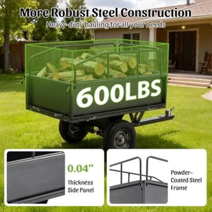 600 LBS Utility Trailer, 17 Cubic Feet Heavy Duty Steel Dump Cart Garden Trailer with Removable Sides,Hand Pull or Foot Pedal Garden Dump Cart for ATV, UTV, Lawn Mowers and Tractors