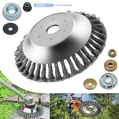 NeJesZoe 8 Inch Steel Wire Rotary Weed Brush Cutter Trimmer Head for Weed Cutter Eater, Unbreakable Wired Trimmer Blade, Weed Trimmer Eater Head with Adapter Kits for Moss Grass Rust Removal