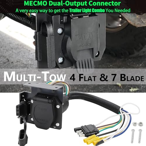 MECMO Multi-Tow 4-Way Flat to 7-Way RV Blade and 4-Way Flat Female End Trailer Wiring Adapter Connector Kit, 4 Pin Vehicle-Side Trailer Light Plug to Dual-output 7 Blade & 4 Flat with Mounting Bracket