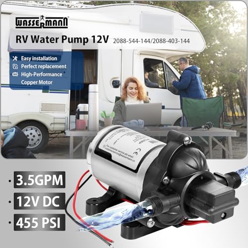 WASSERMANN RV Water Pump 12V DC 2088-554-144 Replacement, 3.5 GPM 45PSI, Quiet Water Pump for RV, Camper, Self-priming RV Water Pressure Pump, Food Truck Travel Trailer RV Water Pumps with Acessories - color: White07