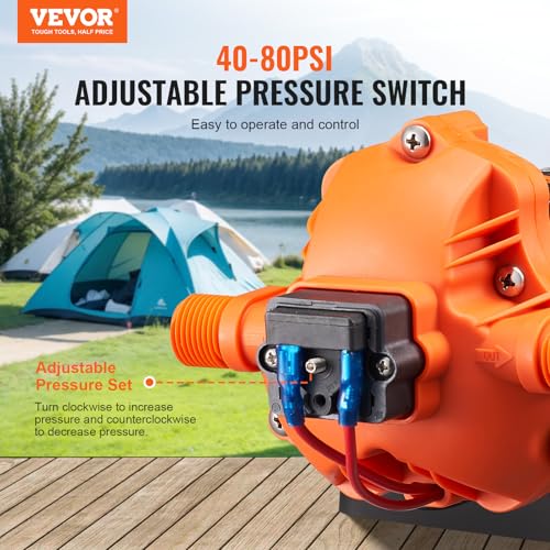 VEVOR 12V Diaphragm Pump, 1.8 GPM (6.81 L/min), 3-Chamber 12 Volt DC Water Pump with Automatic Pressure Switch 40-100 PSI Adjustable, 60 PSI, 1/2'' MNPT Port, for RV Yacht Food Truck Camper Marine - size: 12V, 1.8GPM, 60PSI(Adjustable)