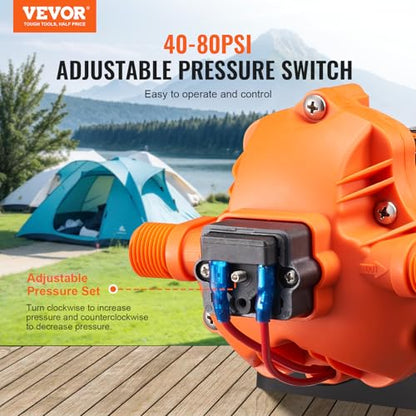 VEVOR 12V Diaphragm Pump, 1.8 GPM (6.81 L/min), 3-Chamber 12 Volt DC Water Pump with Automatic Pressure Switch 40-100 PSI Adjustable, 60 PSI, 1/2'' MNPT Port, for RV Yacht Food Truck Camper Marine - size: 12V, 1.8GPM, 60PSI(Adjustable)