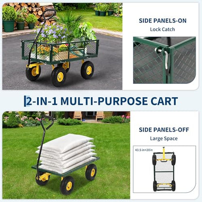 Patikuin 900 lbs Heavy Duty Steel Garden Cart Wagon – 2-in-1 Convertible Flatbed Utility Yard Wagon with Removable Mesh Sides, 180° Rotating Handle, 10" Tires – for Gardening, Lawn, Soil, Green - color: Green, size: 900 Lbs