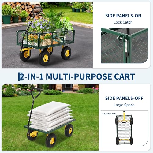 900 Lb Capacity Heavy Duty Steel Garden Cart – 2-in-1 Utility Wagon with Removable Mesh Sides, 10" All-Terrain Tires, Flatbed Conversion, 180° Rotating Handle – Perfect for Lawn, Garden & Backyard - color: Green