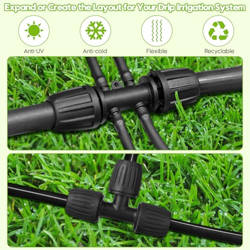 50 FT 1/2 Inch Drip Irrigation Tubing Kit-Drip Line Irrigation Hose 1/2 Inch with 1/2" to 1/4" Barbed Locked 6-Way & 1/2" Tee Connectors-Drip Tube Irrigation Fittings System Parts for Garden Watering