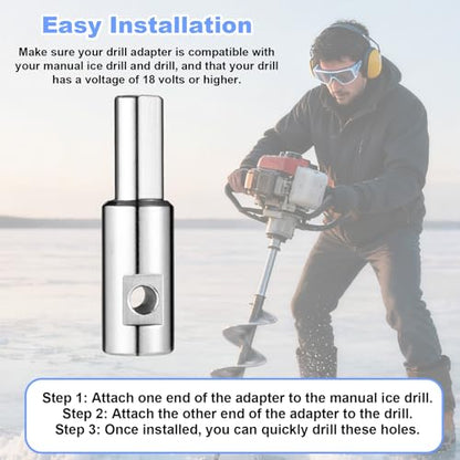 Ice Auger Drill Bit Adapter, Stainless Steel Ice Auger Drill Attachment Fit for 1/2 inch/ 1.27 cm & 1/4 inch/0.64 cm Holes Winter Fishing Tool Compatible with Strikemaster, Eskimo, etc