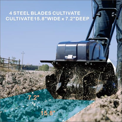 40V Cordless Tiller Cultivator,16 Huge SteelTines Garden Tiller,8.6 inch Wide BatteryPowered Garden Cultivator,(2 4AH Battery andCharger Included)