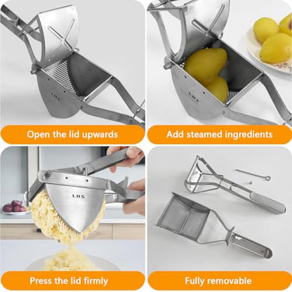 LHS Stainless Steel Potato Ricer and Masher, Heavy Duty Commercial Food Masher, Ergonomic Comfort Grip, Extra Large Capacity, Dishwasher Safe (Grey) - color: Gray