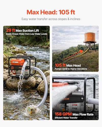 VEVOR Gas Powered Water Pump, 2 in, 158 GPM 7HP Semi Trash Water Transfer Pump Portable, Gasoline Engine with 25 ft Discharge Hose, Heavy Duty Frame, Cast Iron Impeller, for Irrigation, Ponds, Pools - size: 2in 7.0 HP 158GPM