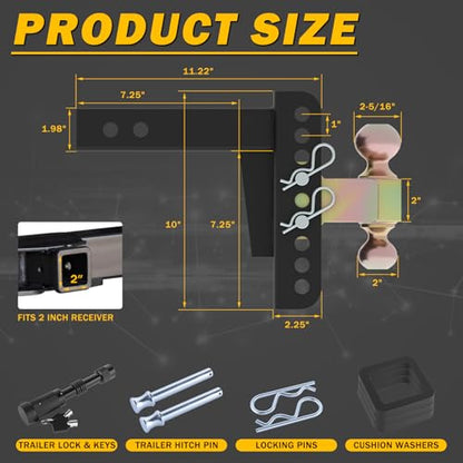 Adjustable Drawbar Trailer Hitch Fit for 2-Inch Receiver with 6" Drop/Rise and Carbon Steel 2" and 2-5/16" Ball Hitches Heavy Duty for Max Towing 20000 LBS - color: Gold&Black-6Inch