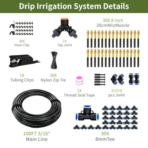 100FT Drip Irrigation System, 5/16” Tubing Automatic Garden Watering System - size: 5/16”