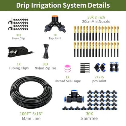 100FT Drip Irrigation System, 5/16” Tubing Automatic Garden Watering System - size: 5/16”