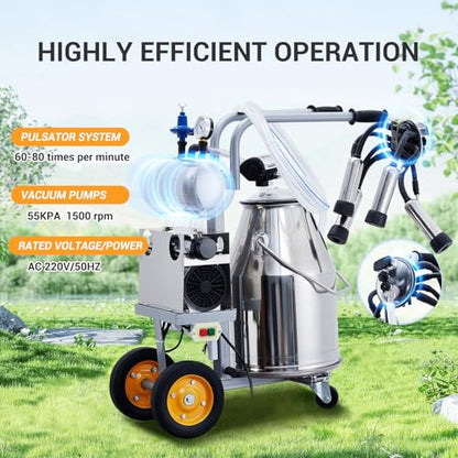 Takywep Electric Milking Machine for 5-8 Cows per Hour, 55KPA 15000 RPM Portable Vacuum Milker with 25L 304 Stainless Steel Bucket & Soft Silicone Cups, Farm Dairy Equipment for Cows and Goats